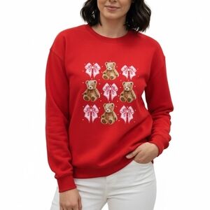 Red Teddy Bear Print Women's Crew Neck Sweater